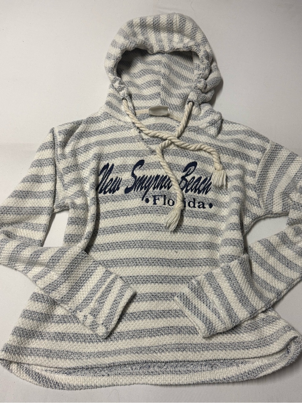 Striped Hooded Lite Sweatshirt Cream & Gray - New Smyrna Beach Florida XS - Picture 7 of 12